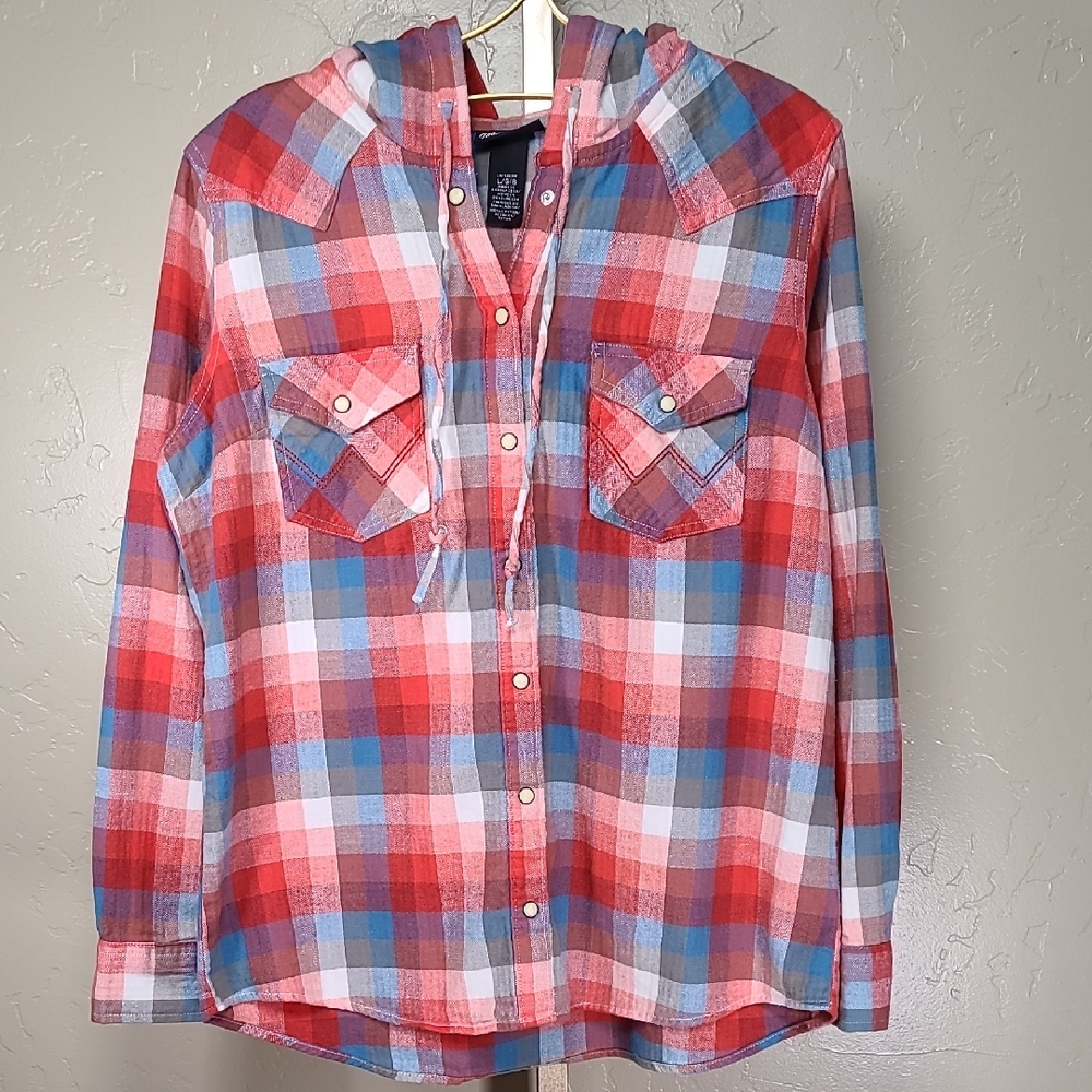 Wrangler Retro Western Red Blue Plaid‎ Snap Hoodie Long Sleeve Shirt 100% Cotton